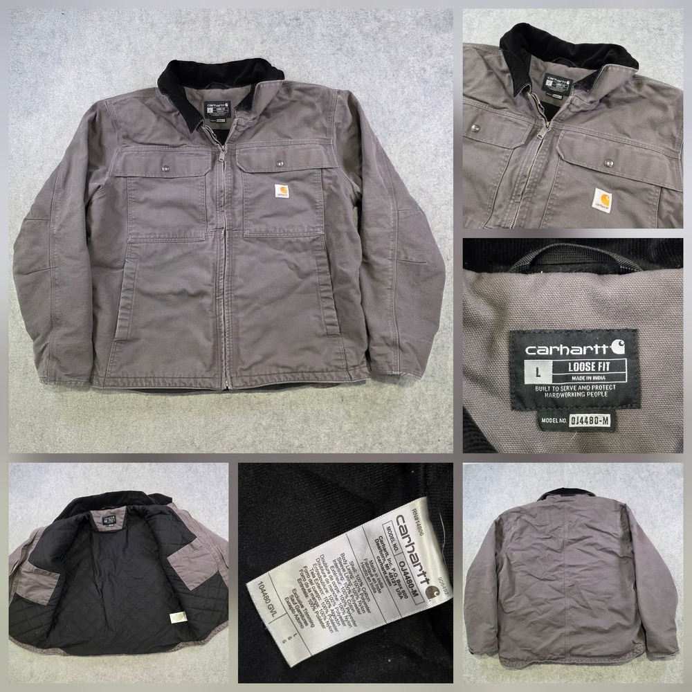 Carhartt Jacket Mens Large Gray Loose Fit Canvas Quilted Lined Workwear OJ4480-M